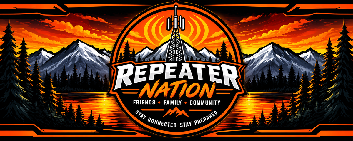 Repeater Nation banner: radio tower over mountains and a lake at sunset. Friends, Family, Community.